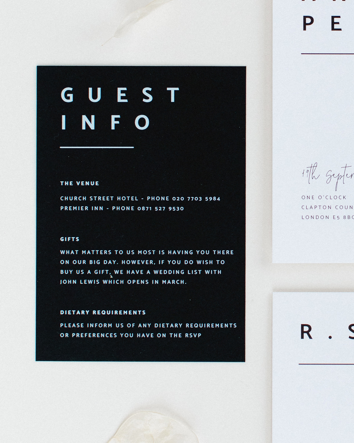 Modern Type wedding details card. Black card with white ink