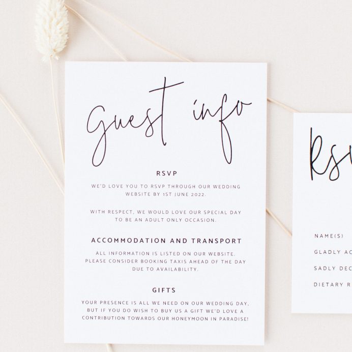 Script wedding white information card with black modern script font