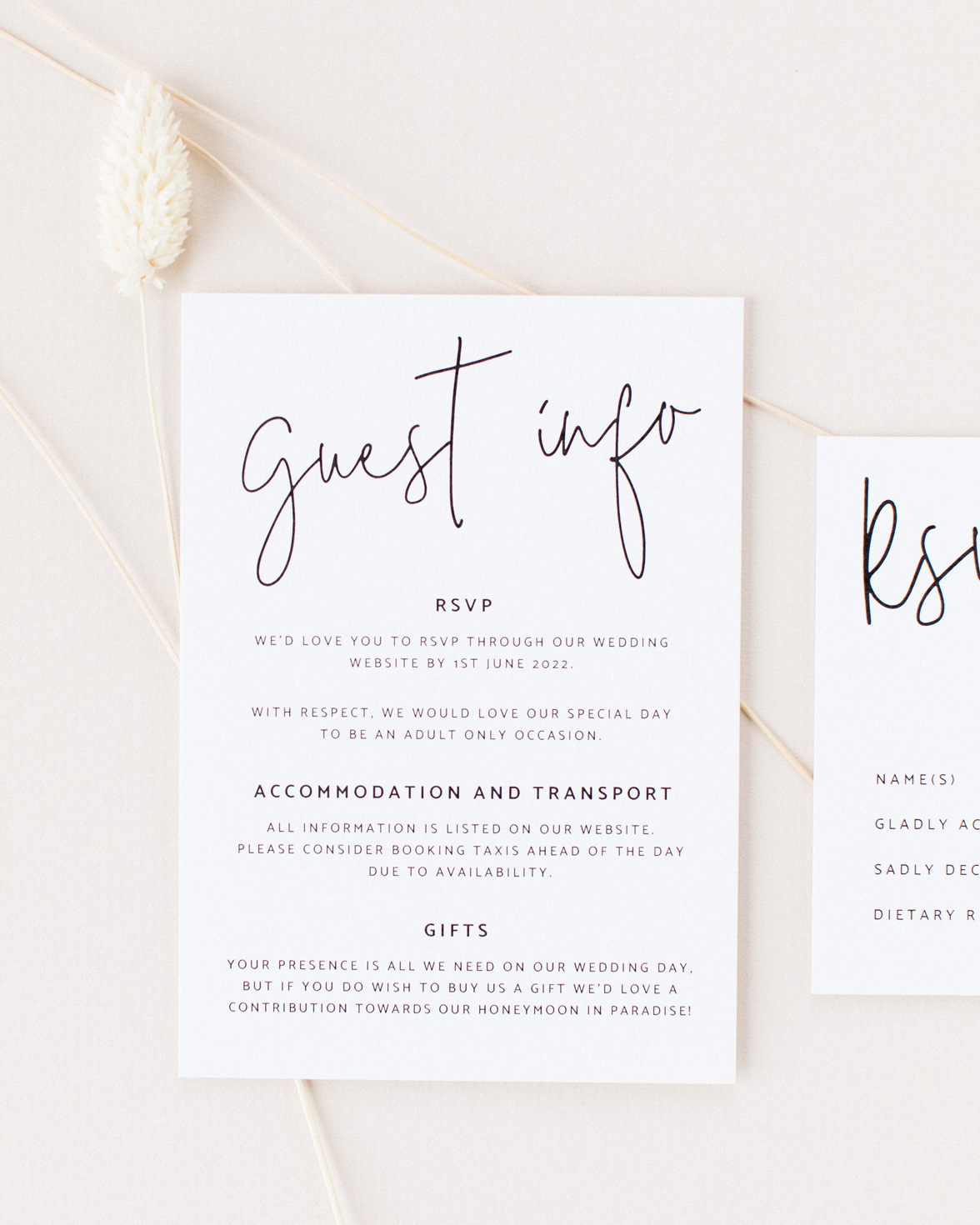 Script wedding white information card with black modern script font