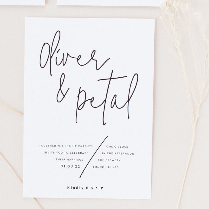Script wedding white invitation with black modern script font