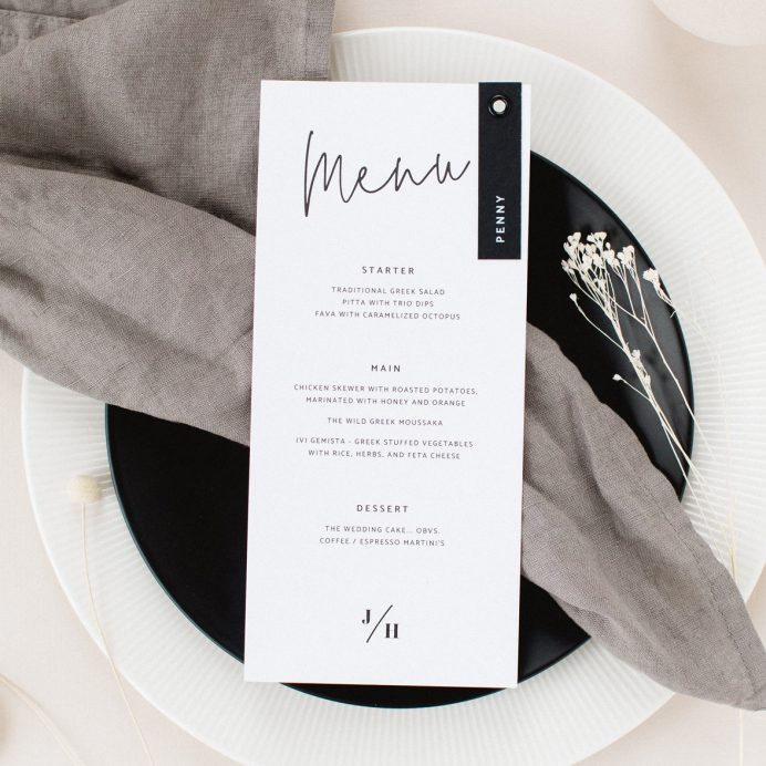 Script wedding white menu with black modern script font