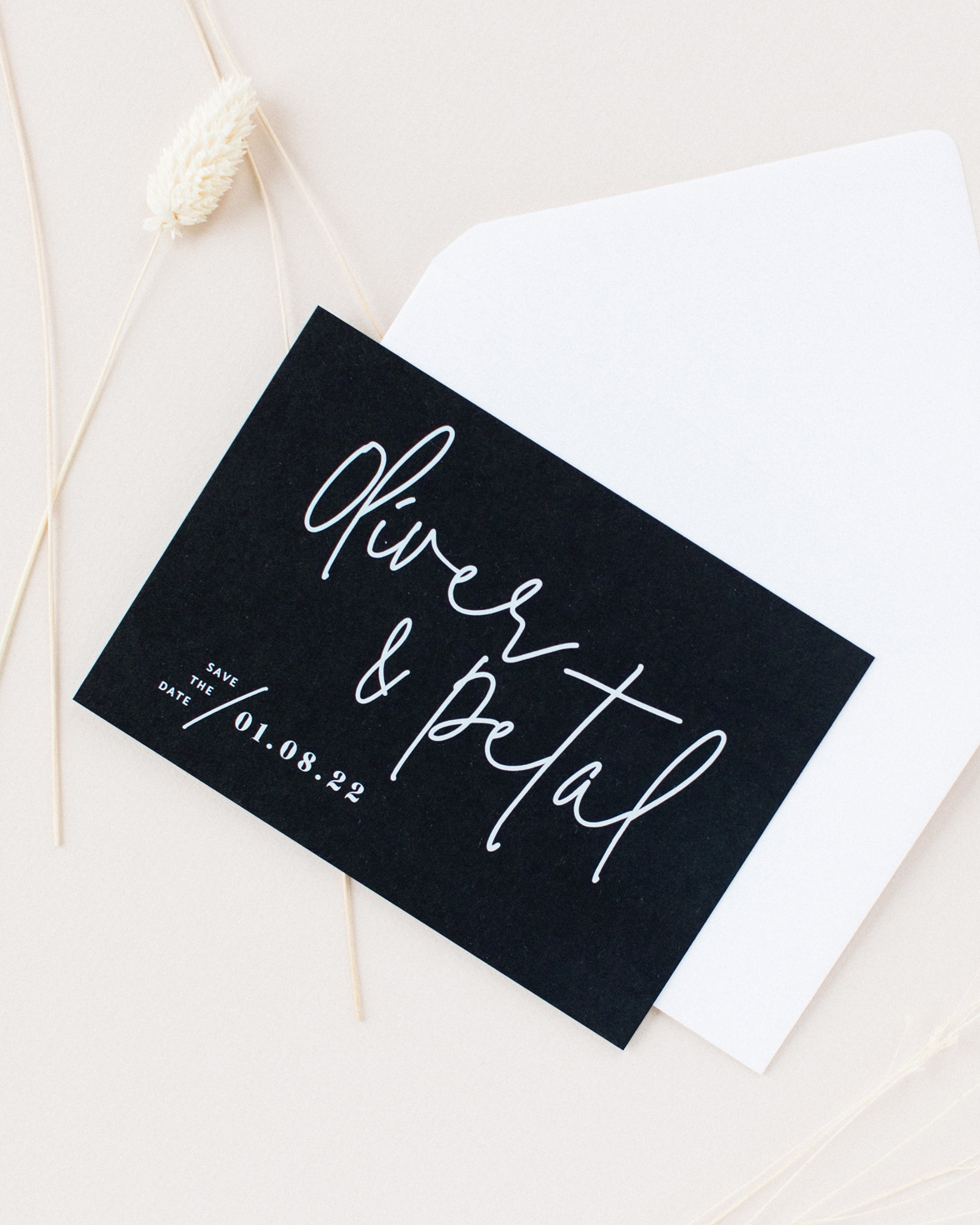 Script wedding black save the date with white modern script font