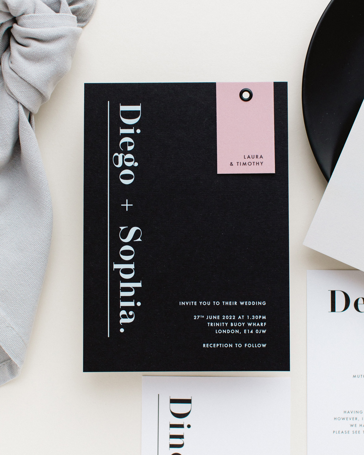 Bold Note black wedding invitation with bold white typography