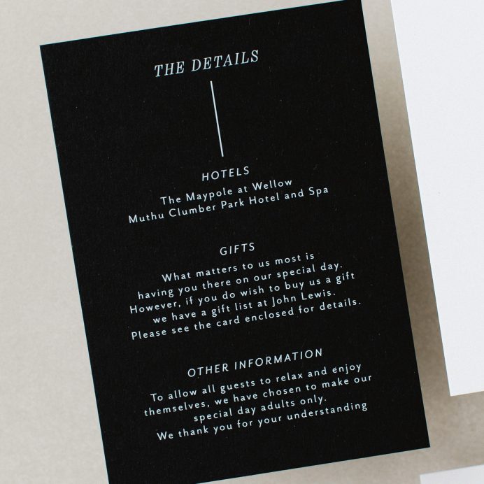 Contemporary Lines Wedding details card black card white ink