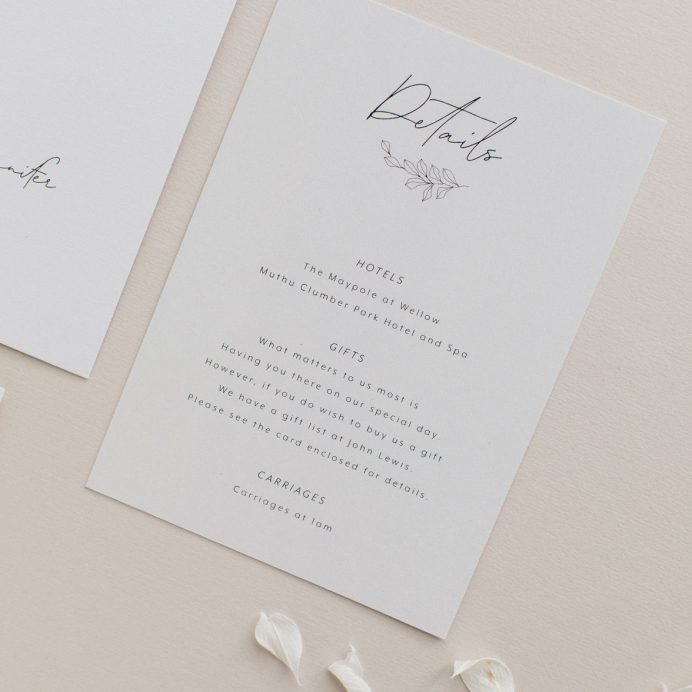 Fleur Classique wedding details card. Natural tones with hand drawn flower motif