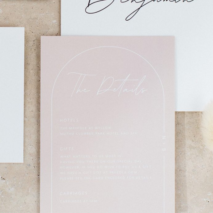 Arch Script wedding details card in blush pink