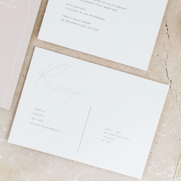 Arch Script wedding RSVP card in white