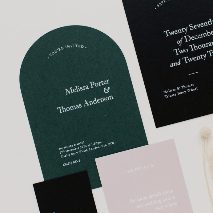 Green Revere wedding stationery collection overview