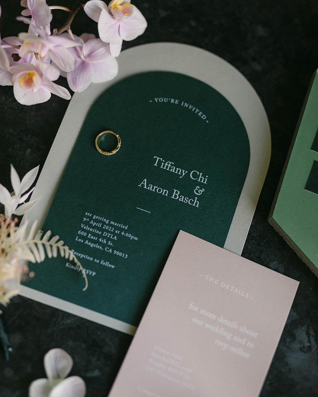 Green arch wedding invitation