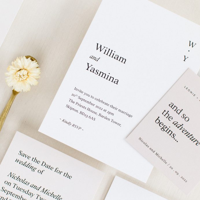 Modern Revival white wedding invitation