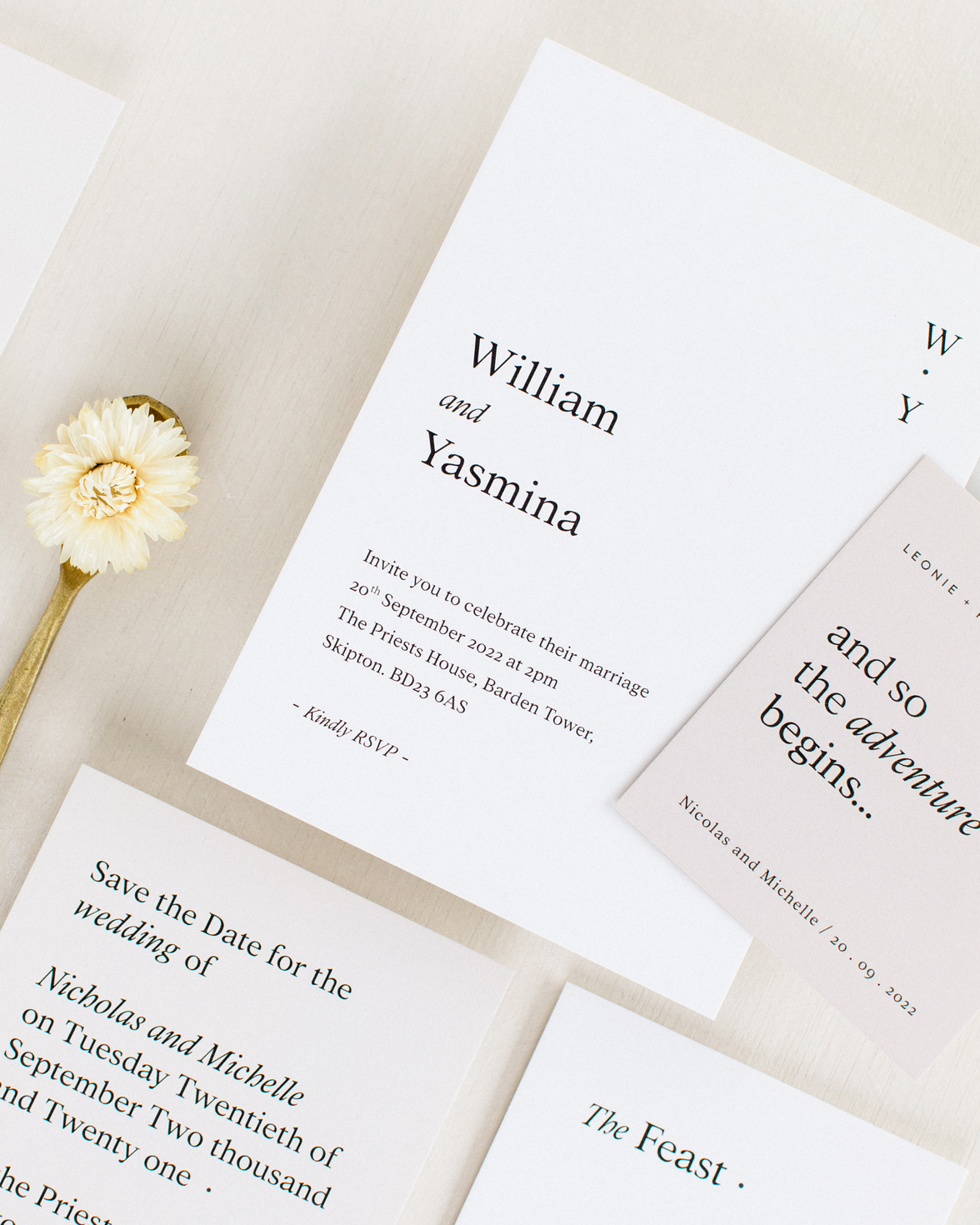 Modern Revival white wedding invitation