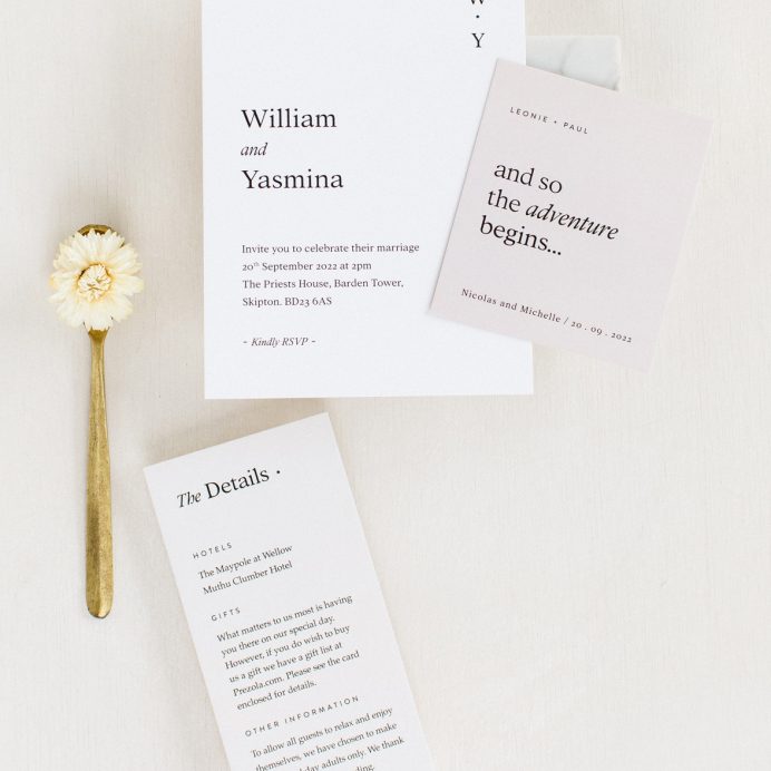 Modern Revival wedding invite, guest name tag and details card