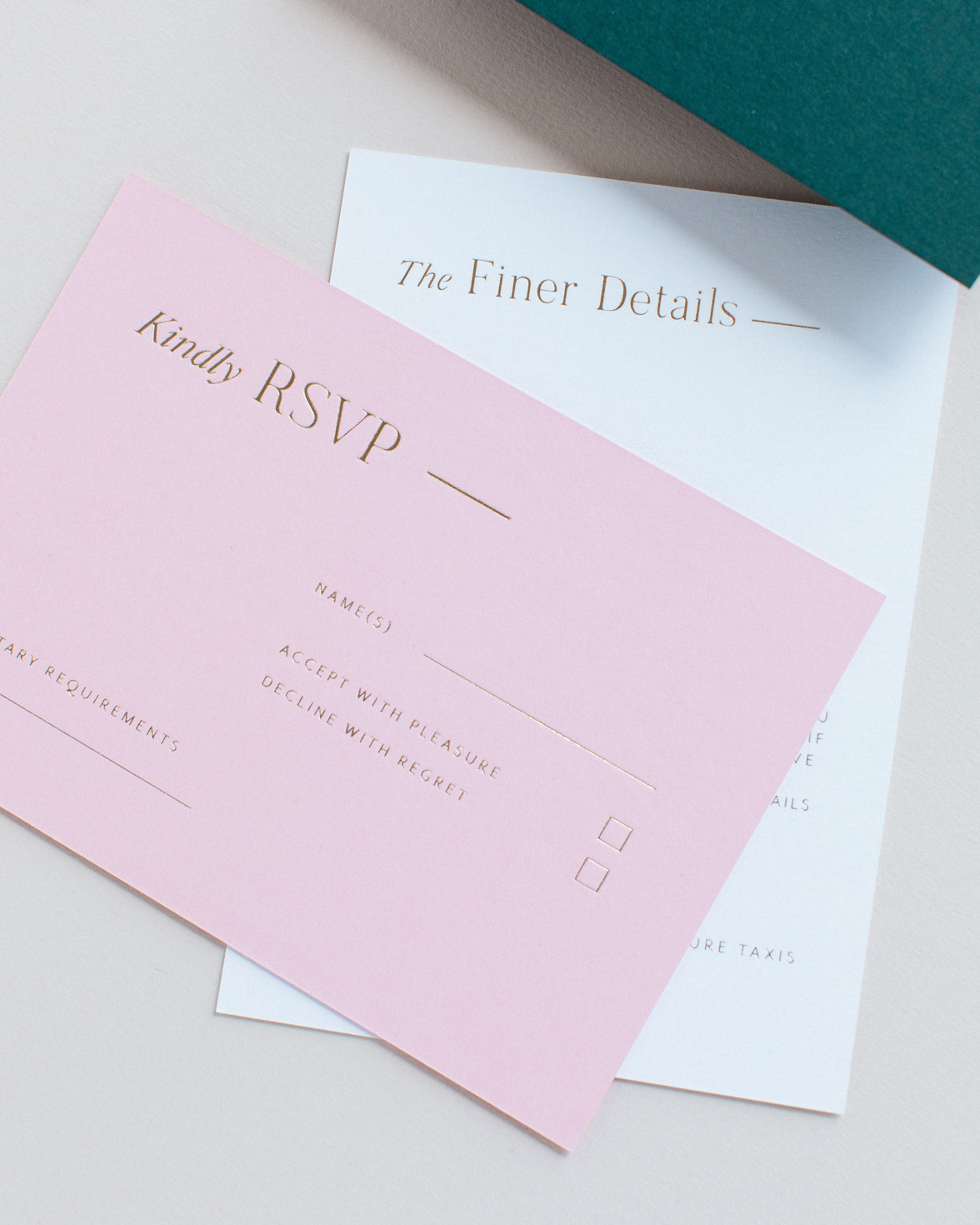 Refined gold wedding RSVP in candy pink colour with gold foil print