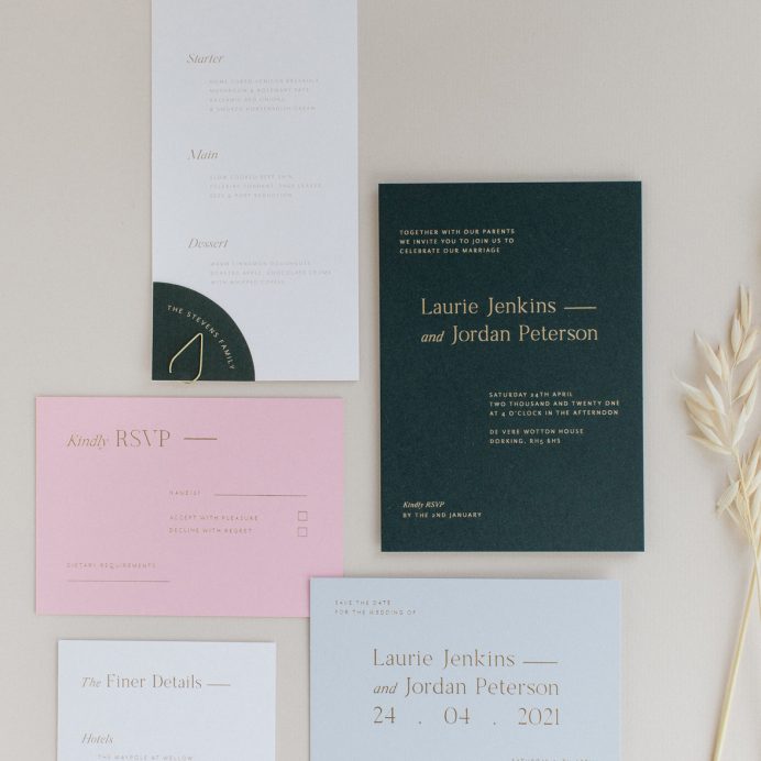 Refined gold wedding stationery overview