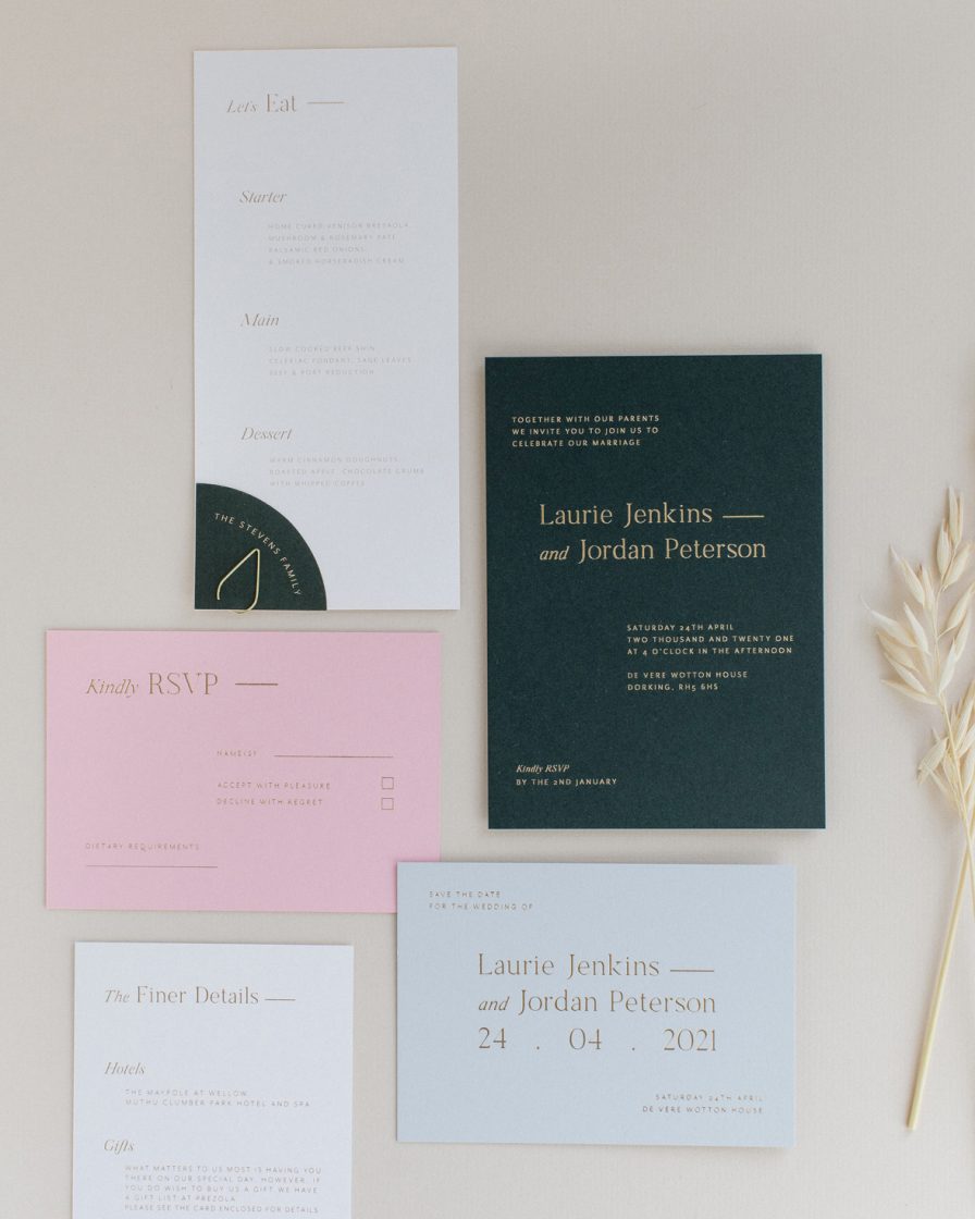 Refined gold wedding stationery overview