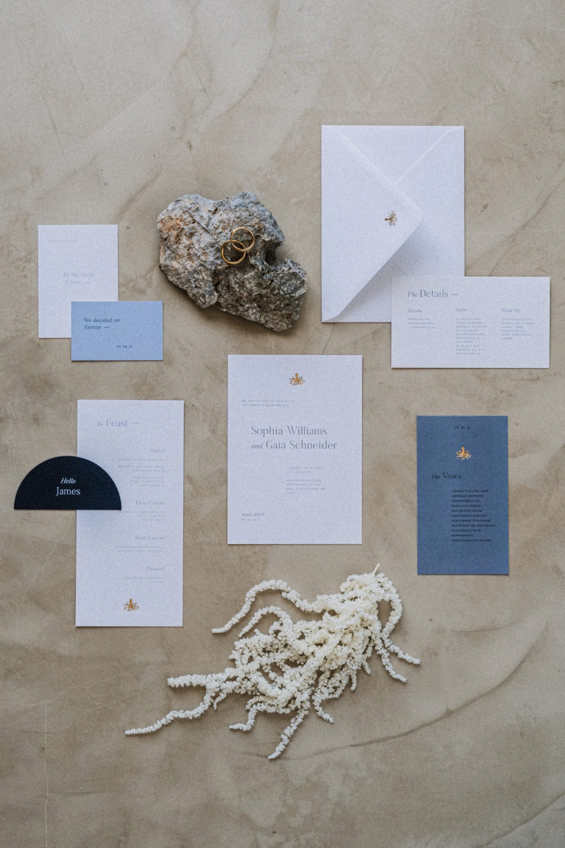 white and blue wedding stationery, with gold foil octopus print