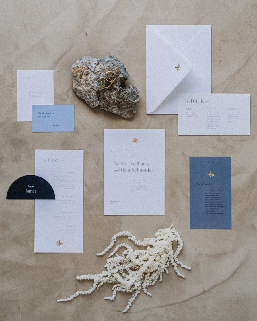 white and blue wedding stationery, with gold foil octopus print