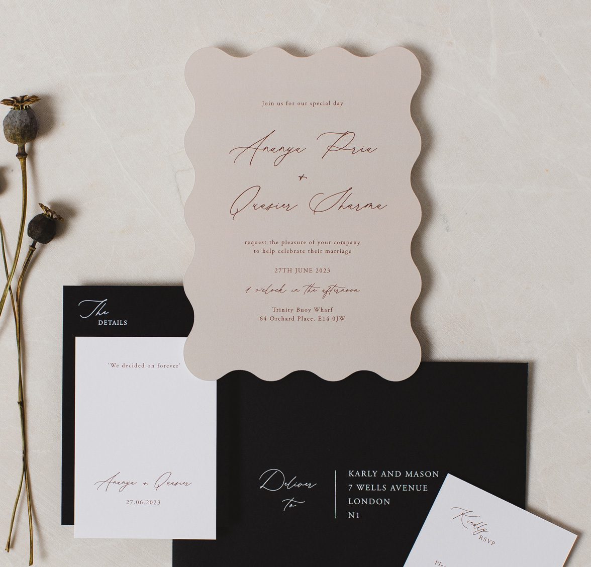 Wavy edge wedding invitation