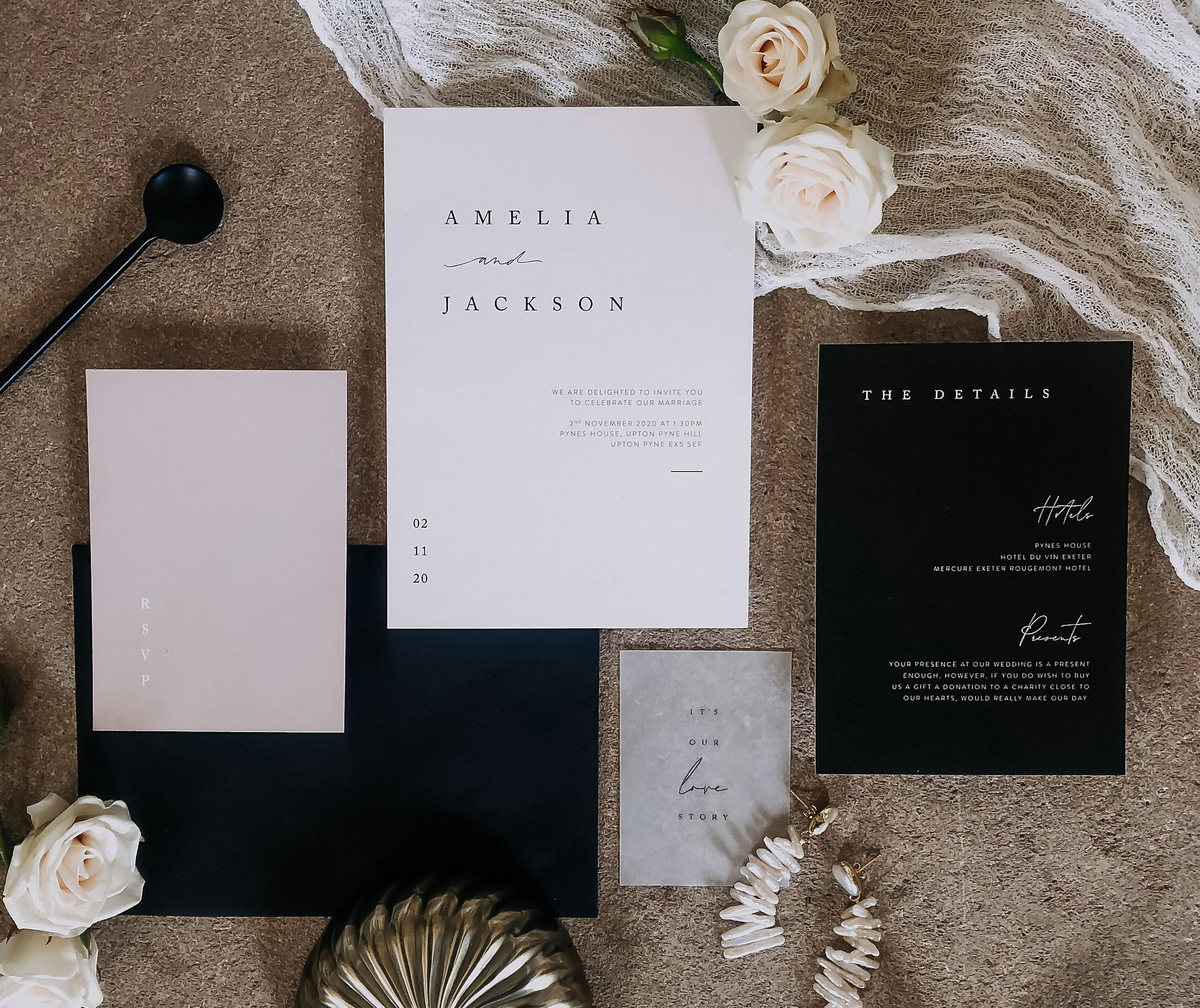 Black, white and blush wedding invitations