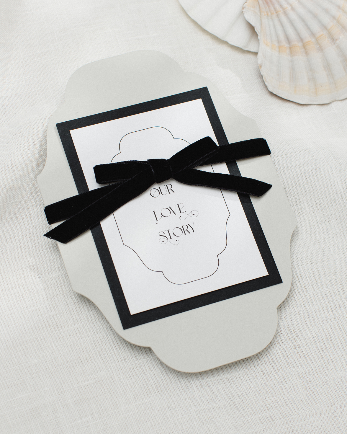 Vintage inspired cut to shape wedding invitation bundle with ornate font and black velvet bow