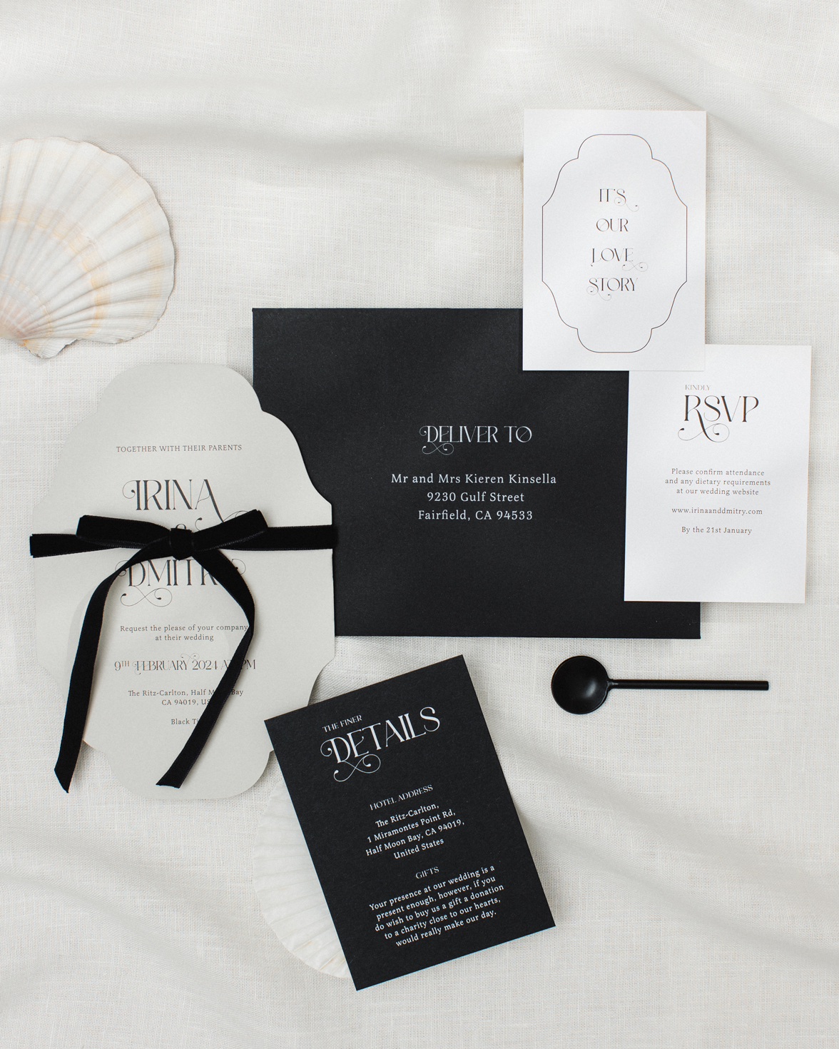 Grey die cut vintage shape wedding invitation. White RSVP card and black details card. Black bow tie