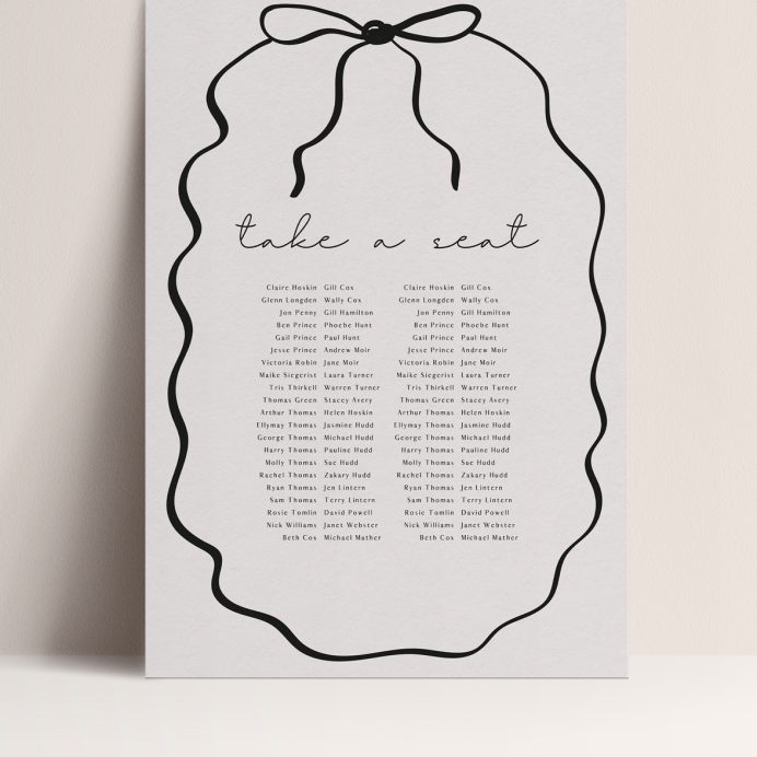 Wedding table plan stone and black squiggly hand drawn border and bow