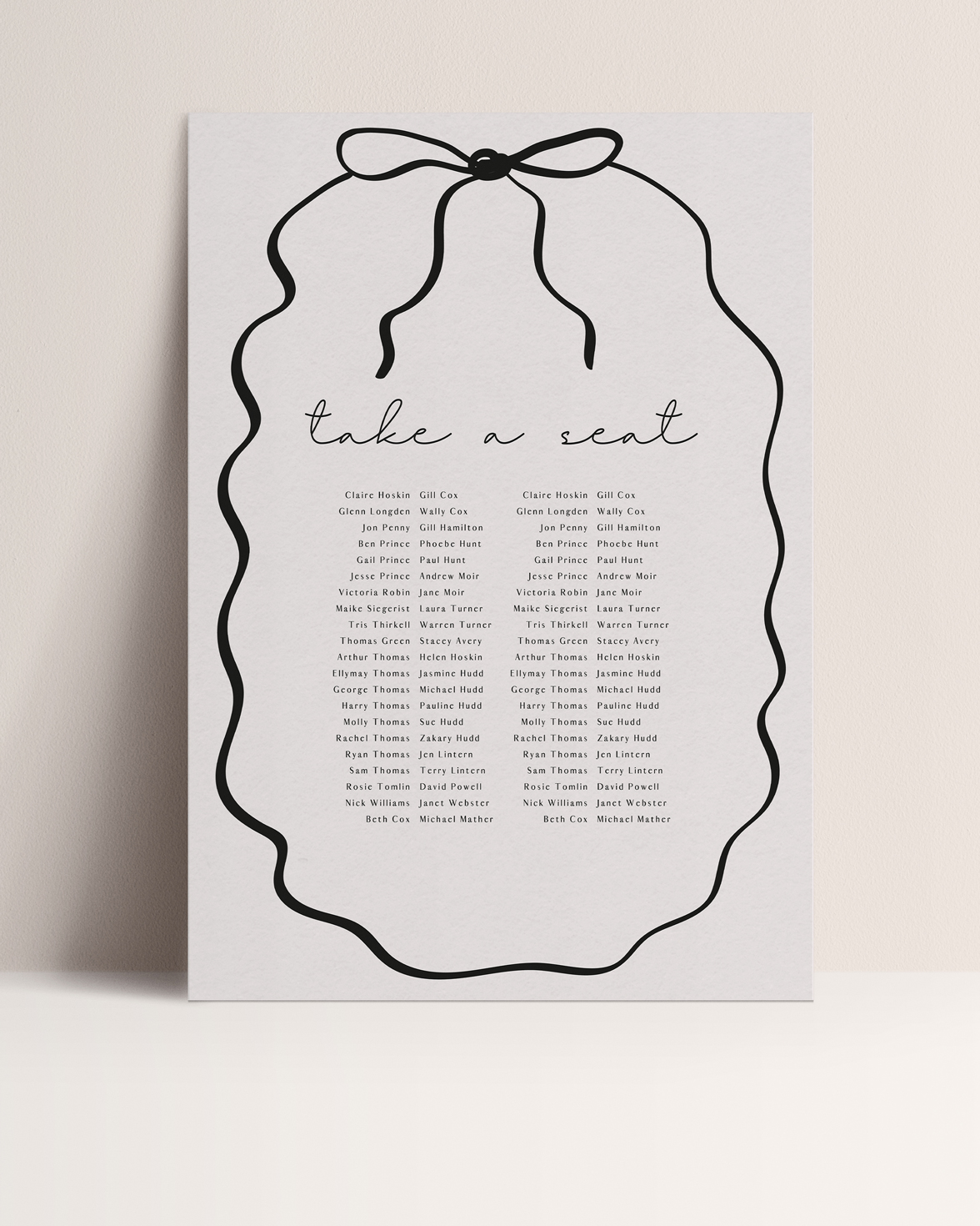 Wedding table plan stone and black squiggly hand drawn border and bow