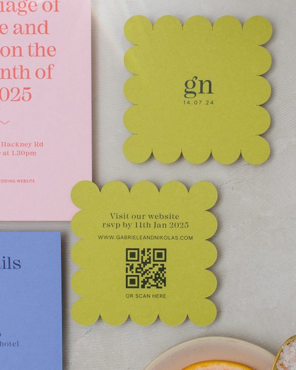 citrus green wedding name card/RSVP with scalloped edges.