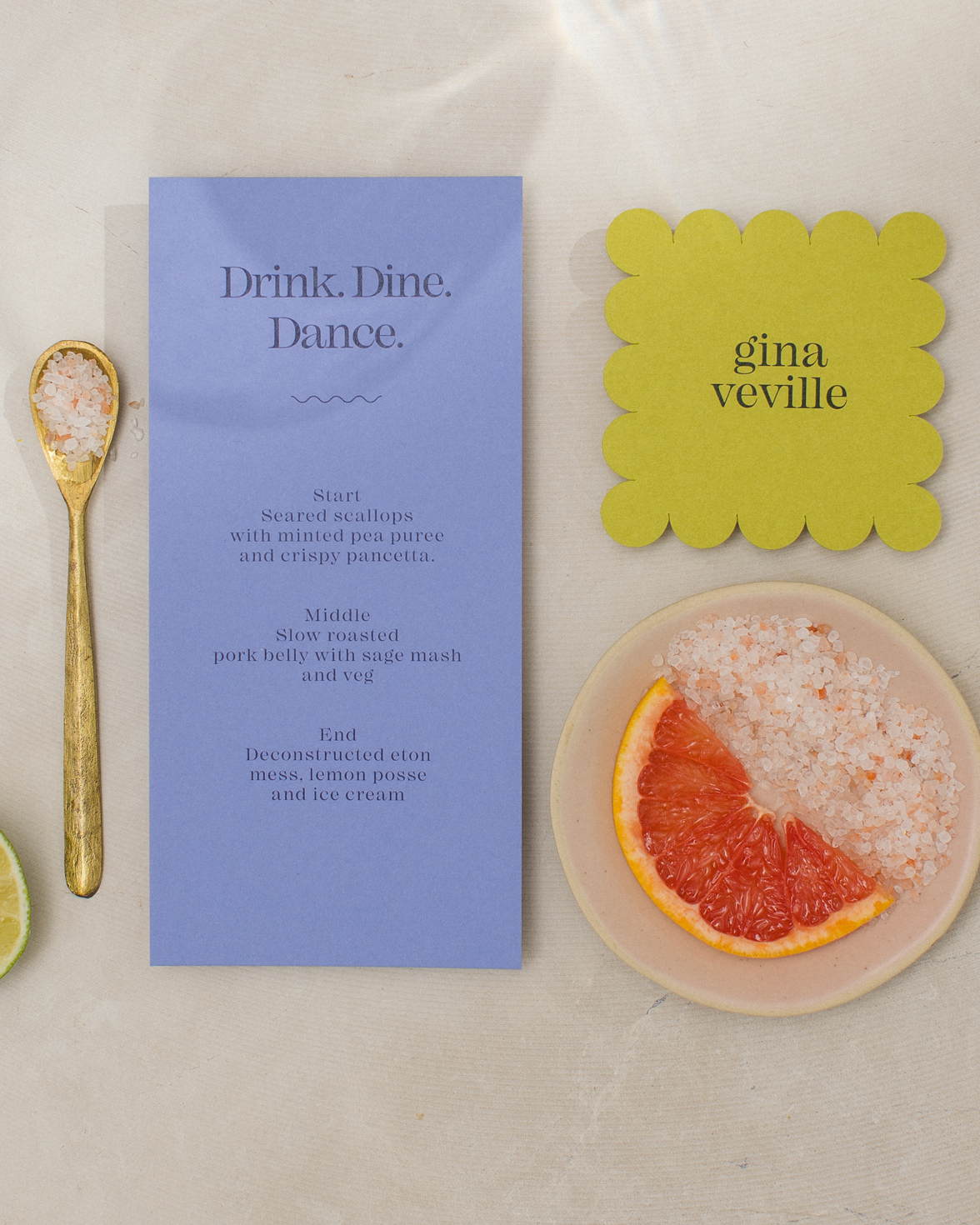 Purple wedding menu with drink, dine, dance typography. Citrus green scalloped edge wedding name card