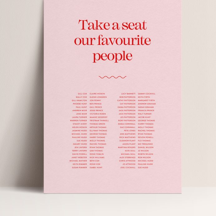 Pink and red wedding table plan. Take a seat our favourite people