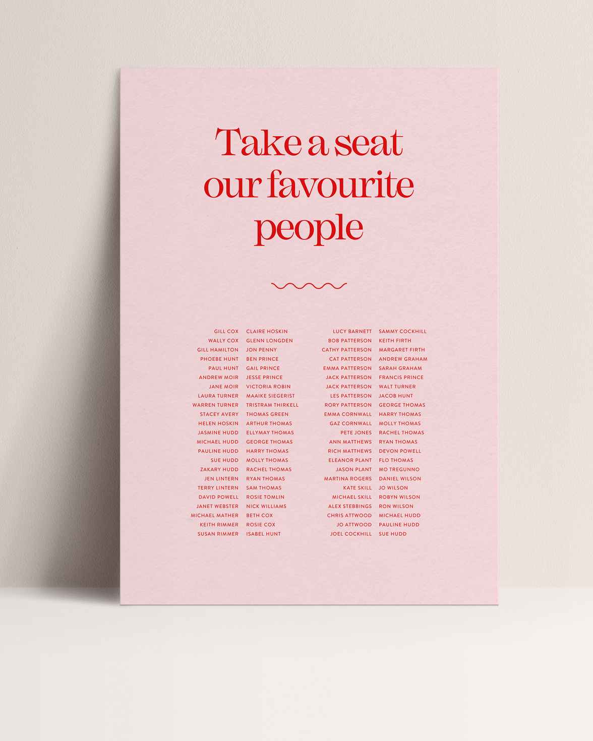 Pink and red wedding table plan. Take a seat our favourite people