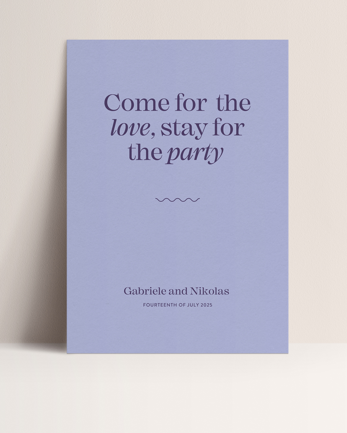Purple wedding welcome sign. Come for the love, stay for the party