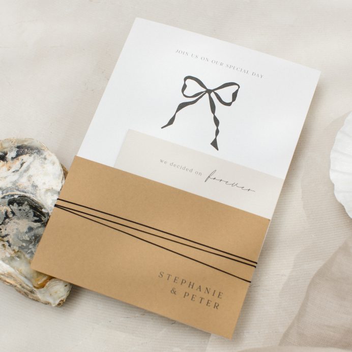 Black and white wedding invitation bundle with bow. Mustard colour RSVP. Stone coloured wedding details card