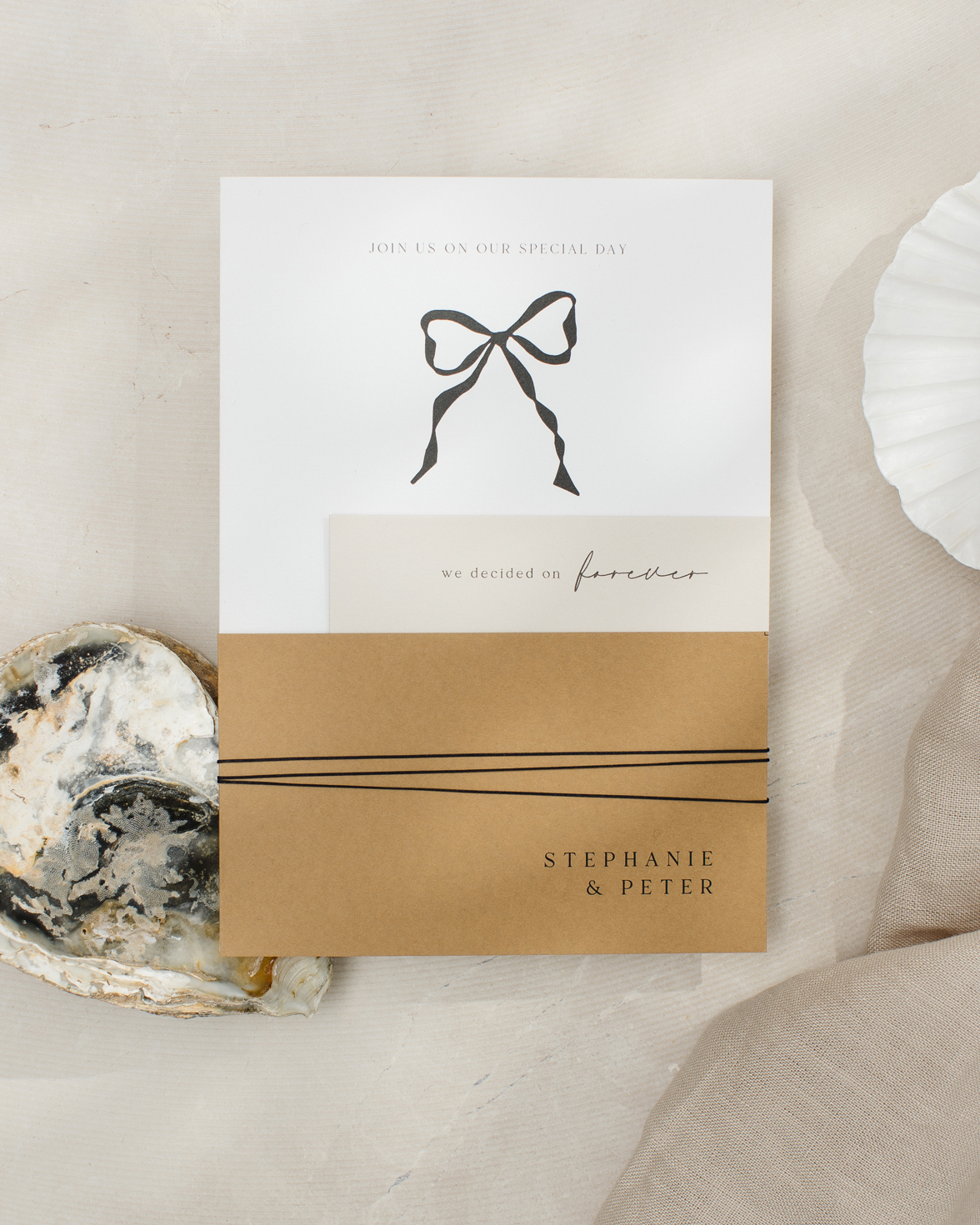 Black and white wedding invitation bundle with bow. Mustard colour RSVP. Stone coloured wedding details card