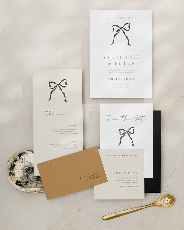 Black and white wedding invitation with bow. Mustard colour RSVP. Stone coloured wedding details card