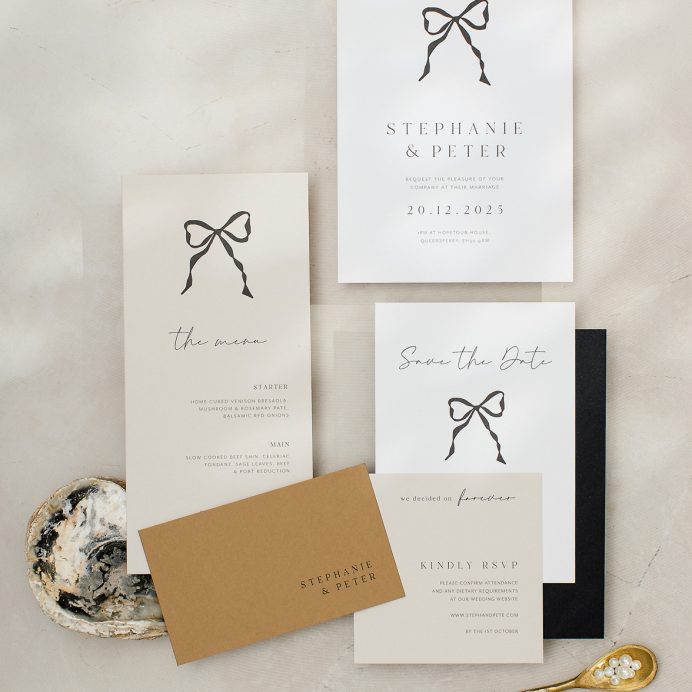 Black and white wedding invitation with bow. Mustard colour RSVP. Stone coloured wedding details card