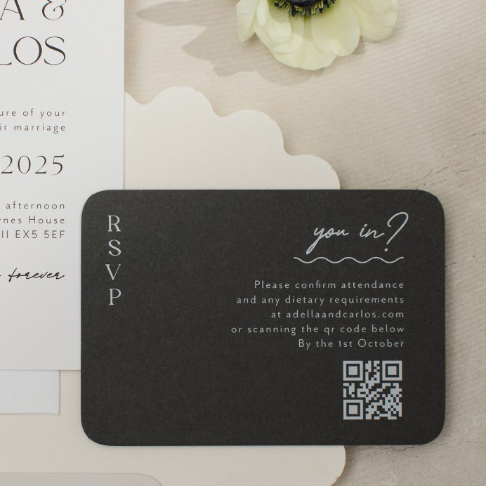 Dark grey rounded corners RSVP with squiggly line