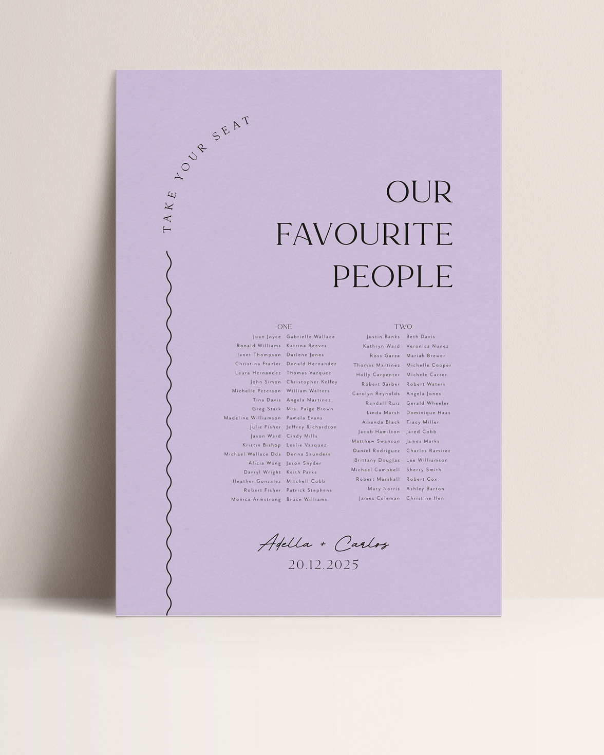 Purple wedding table plan with squiggly line. Reads take a seat our favourite people