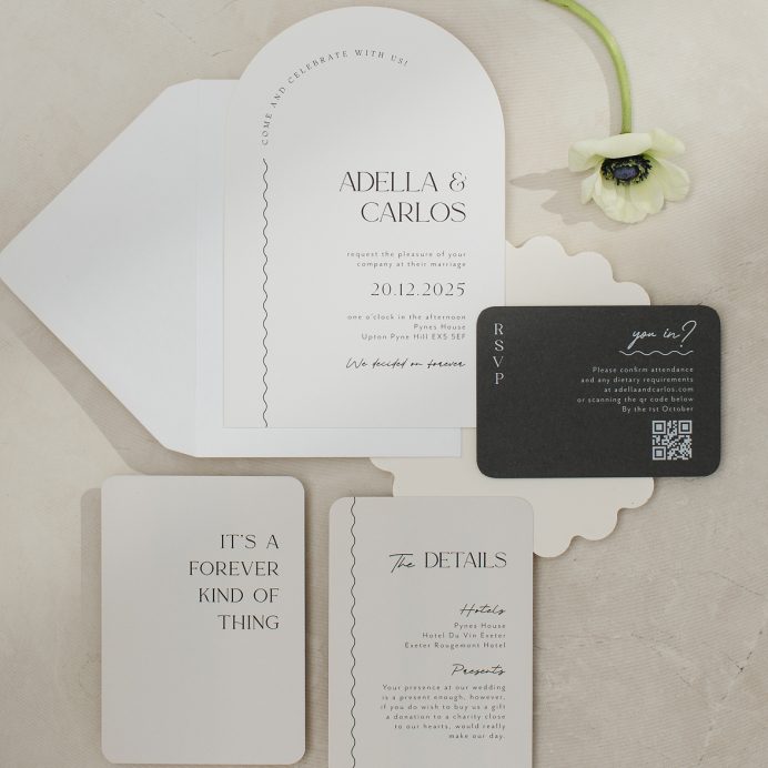 Arched shape wedding invitation white and grey.