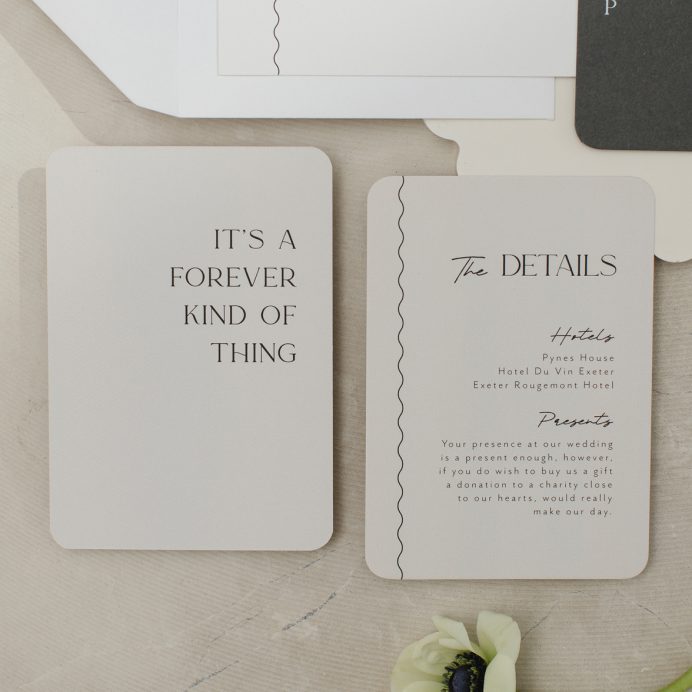 Grey wedding details card with rounded corners. Reads it's a forever kind of thing