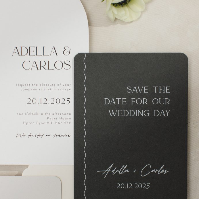 Grey rounded corners save the date with squiggly line