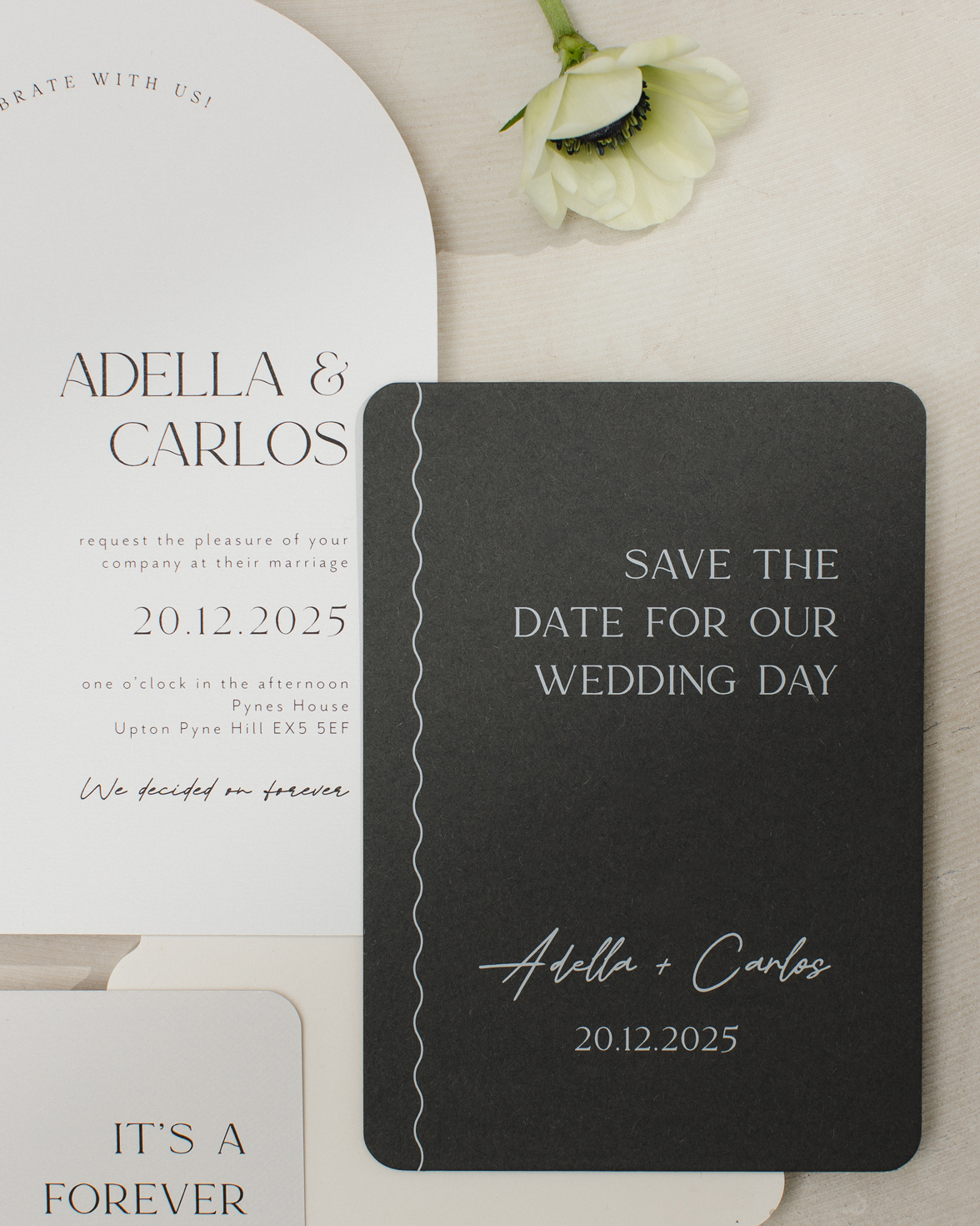 Grey rounded corners save the date with squiggly line