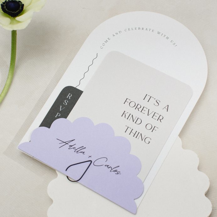 Arched shape wedding invitation bundle white and grey. Purple scalloped edge name card