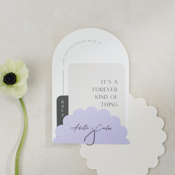 Arched shape wedding invitation bundle white and grey. Purple scalloped edge name card