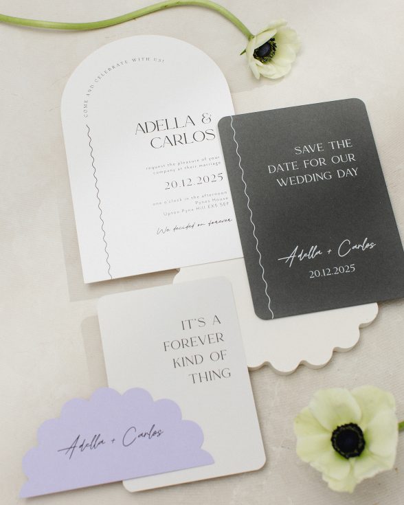 Arched shape wedding invitation collection white and grey. Purple scalloped edge name card