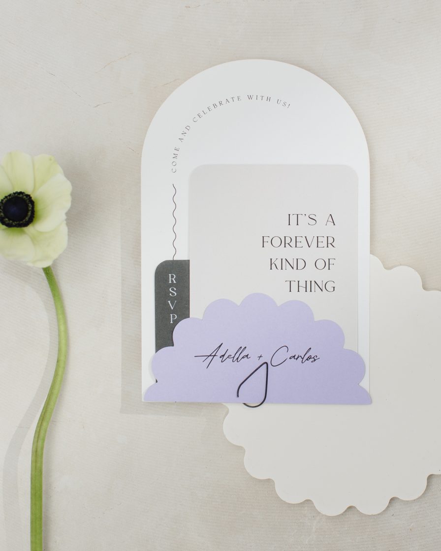 Arched Wedding invitation with grey details card and purple scalloped edge name card