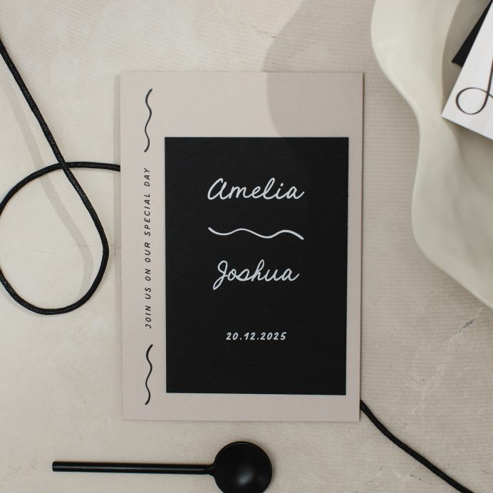 Stone coloured wedding details card and black and white wedding name card