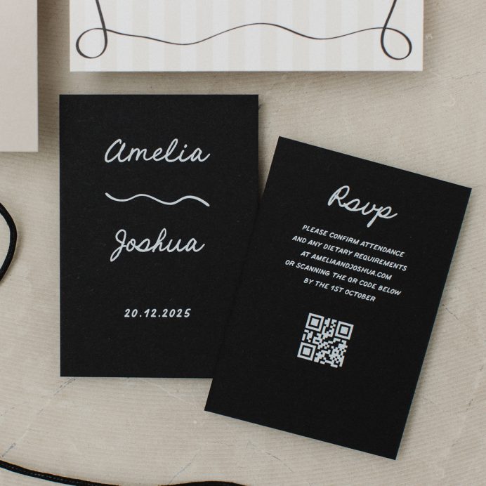 Black wedding RSVP card with white ink and QR code and squiggly line