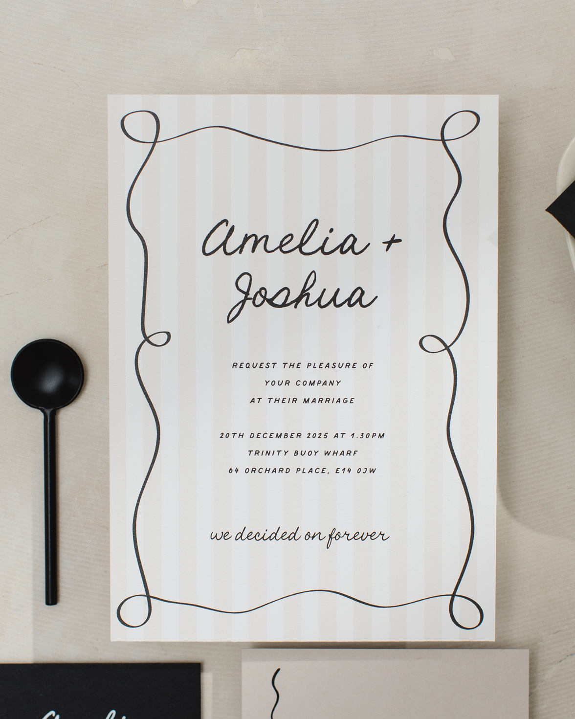 Tonal stripe wedding invitation with squiggly border and hand drawn font. Black RSVP card with white ink and QR code. Stone coloured details card with squiggly line