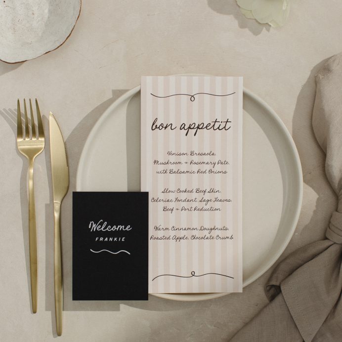 Tonal stripe wedding menu with hand drawn details and font